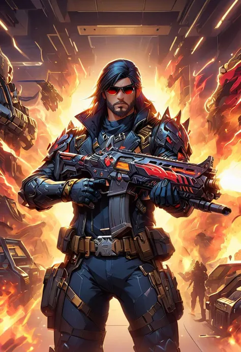 80s style cartoon artwork {Masculine male wielding an Assault Rifle, black cowboy hat, epic long beard, military style, solo, aviator sunglasses, black leather jacket, blue torn tactical jeans, large belt buckle belt, fingerless leather gloves, (G.I. Joe character: 1.2) standing in front of a scifi military vehicle} . cartoon style, key visual, vibrant, studio cartoon, highly detailed, sci fi, futuristic, dramatic, highly detailed, futuristic, digital, vibrant, detailed, high contrast, reminiscent of the G.I. Joe Cartoon,