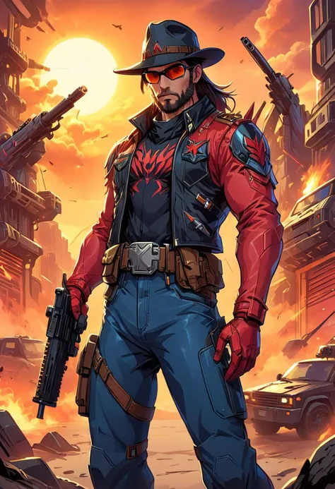 80s style cartoon artwork {Masculine male wielding an Assault Rifle, cowboy hat, epic long beard, military style, aviator sunglasses, leather jacket, torn tactical jeans, large belt buckle belt, fingerless leather gloves, (G.I. Joe character: 1.2) standing in front of a scifi military vehicle} . cartoon style, key visual, vibrant, studio cartoon, highly detailed, sci fi, futuristic, dramatic, highly detailed, futuristic, digital, vibrant, detailed, high contrast, reminiscent of the G.I. Joe Cartoon,