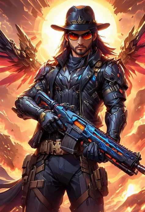 80s style cartoon artwork {Masculine male wielding an Assault Rifle, black cowboy hat, epic long beard, military style, aviator sunglasses, black leather jacket, blue torn tactical jeans, large belt buckle belt, fingerless leather gloves, (G.I. Joe character: 1.2) standing in front of a scifi military vehicle} . cartoon style, key visual, vibrant, studio cartoon, highly detailed, sci fi, futuristic, dramatic, highly detailed, futuristic, digital, vibrant, detailed, high contrast, reminiscent of the G.I. Joe Cartoon,