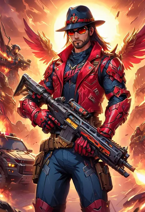 80s style cartoon artwork {Masculine male wielding an Assault Rifle, cowboy hat, epic long beard, military style, aviator sunglasses, leather jacket, torn tactical jeans, large belt buckle belt, fingerless leather gloves, (G.I. Joe character: 1.2) standing in front of a scifi military vehicle} . cartoon style, key visual, vibrant, studio cartoon, highly detailed, sci fi, futuristic, dramatic, highly detailed, futuristic, digital, vibrant, detailed, high contrast, reminiscent of the G.I. Joe Cartoon,