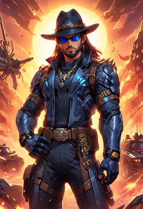 80s style cartoon artwork {Masculine male wielding an Assault Rifle, black cowboy hat, epic long beard, military style, aviator sunglasses, black leather jacket, blue torn tactical jeans, large belt buckle belt, fingerless leather gloves, (G.I. Joe character: 1.2) standing in front of a scifi military vehicle} . cartoon style, key visual, vibrant, studio cartoon, highly detailed, sci fi, futuristic, dramatic, highly detailed, futuristic, digital, vibrant, detailed, high contrast, reminiscent of the G.I. Joe Cartoon,