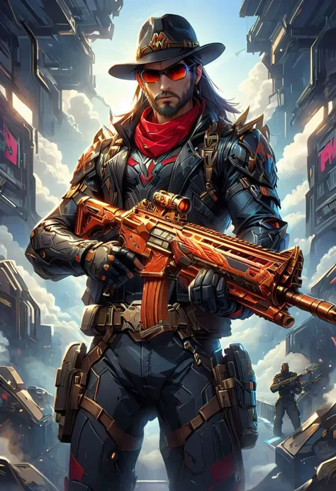 80s style cartoon artwork {Masculine male wielding an Assault Rifle, black cowboy hat, epic long beard, military style, solo, aviator sunglasses, black leather jacket, blue torn tactical jeans, large belt buckle belt, fingerless leather gloves, (G.I. Joe character: 1.2) standing in front of a scifi military vehicle} . cartoon style, key visual, vibrant, studio cartoon, highly detailed, sci fi, futuristic, dramatic, highly detailed, futuristic, digital, vibrant, detailed, high contrast, reminiscent of the G.I. Joe Cartoon,