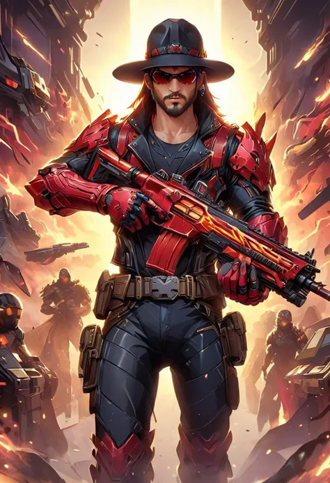 80s style cartoon artwork {Masculine male wielding an Assault Rifle, cowboy hat, epic long beard, military style, aviator sunglasses, leather jacket, torn tactical jeans, large belt buckle belt, fingerless leather gloves, (G.I. Joe character: 1.2) standing in front of a scifi military vehicle} . cartoon style, key visual, vibrant, studio cartoon, highly detailed, sci fi, futuristic, dramatic, highly detailed, futuristic, digital, vibrant, detailed, high contrast, reminiscent of the G.I. Joe Cartoon,