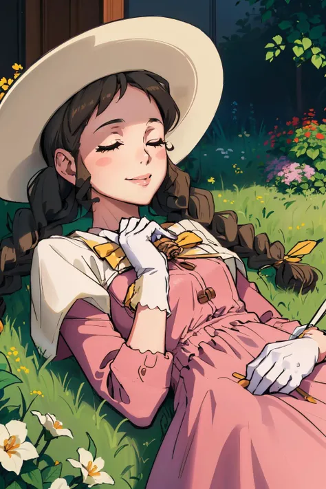 <lora:aa_juniperwoods-10:1> aajuniper, twin braids, hat, pink dress, white gloves
masterpiece, best quality, absurdres, beautiful, garden, surrounded by flowers, lying down, smile, sleeping on grass, 1girl, solo focus,