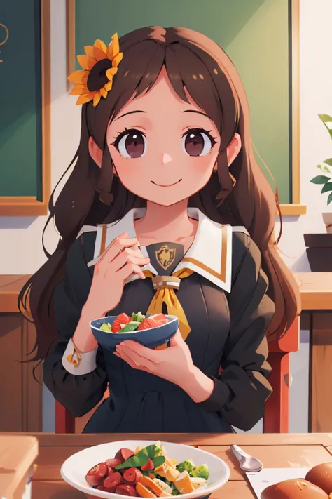 (masterpiece, best quality:1.2), upper body, solo, 1girl, aajuniper, smile, looking at viewer, elbows on table, hair flower, school uniform, black dress, yellow neckerchief, long sleeves, indoors, bowl of salad <lora:aa_juniperwoods:0.9>
