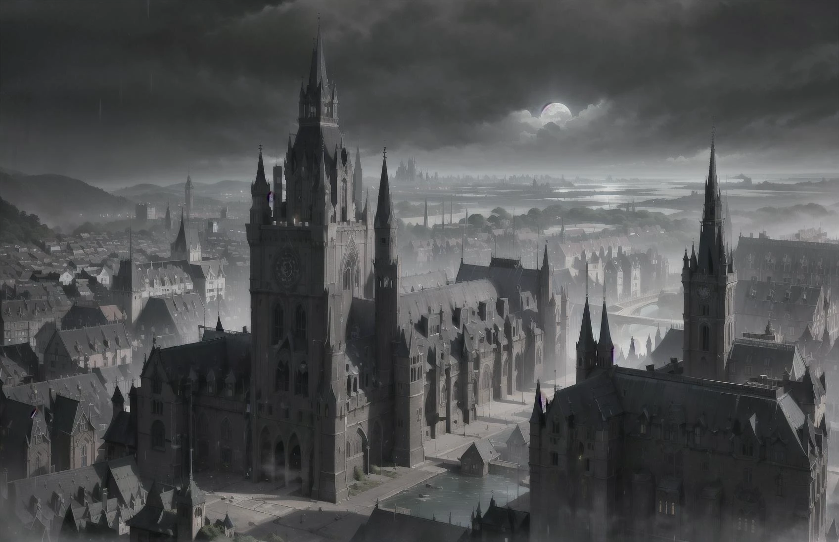 ((masterpiece, best quality)), absurdres, ((detailed background)), ((ultra detailed)), view from above, wide angle, (medieval city:1.3), gothic, (gothic city:1.6), (huge cathedral with high towers:1.2), stone walls with towers, spikes, many medieval homes with chimneys, smoke from chimneys,(castle:1.5), (gothic palace:1.2), (clocktower:1.3), sea port, (ships:1.1), at night, moon, moonlight, rain, landscape, detailed background, medieval, dark fantasy, cloudy sky, dark, torchlights, overpopulated, many details, city, fantasy, realistic lightning, (black stone), scenery,aerial view,((panoramic view)), <lora:gothichorrorai_v10:0.5>, river, ships,
detailed lighting, realistic colours, vivid colours, the most beautiful form of chaos, elegant,romanticism, ecstasy of light and shadow, deep shadow, (low key:1.3), (dark theme:1.3),
rain, raining, drops, in the rain,
<lora:lowkey_v1.1:0.7>,
<lora:Showeringv2:0.7>