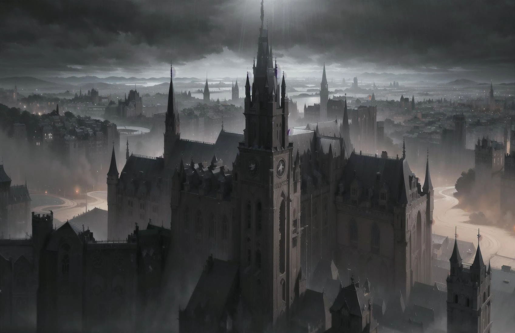 ((masterpiece, best quality)), absurdres, ((detailed background)), ((ultra detailed)), view from above, wide angle, (medieval city:1.3), gothic, (gothic city:1.6), (huge cathedral with high towers:1.2), stone walls with towers, spikes, many medieval homes with chimneys, smoke from chimneys,(castle:1.5), (gothic palace:1.2), (clocktower:1.3), sea port, (ships:1.1), at night, moon, moonlight, rain, landscape, detailed background, medieval, dark fantasy, cloudy sky, dark, torchlights, overpopulated, many details, city, fantasy, realistic lightning, (black stone), scenery,aerial view,((panoramic view)), <lora:gothichorrorai_v10:0.5>, river, ships,
detailed lighting, realistic colours, vivid colours, the most beautiful form of chaos, elegant,romanticism, ecstasy of light and shadow, deep shadow, (low key:1.3), (dark theme:1.3),
rain, raining, drops, in the rain,
<lora:lowkey_v1.1:0.7>,
<lora:Showeringv2:0.7>
