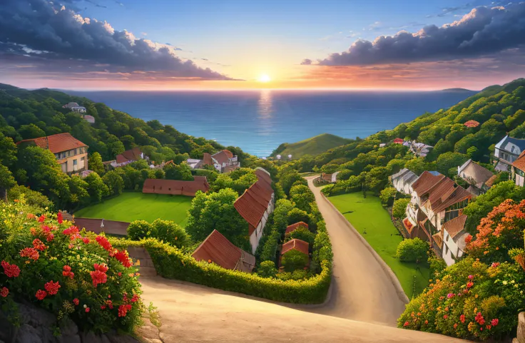a medieval anime town near the ocean with a landscape, the time is dawn with the sky giving a red hue, no mistakes in the artwork, the artwork is a masterpiece with no flaws, is the best and highest quality art in the anime style, the most beautiful anime style art ever seen, award winning anime that is visually stunning, the art has the best transition between two shapes of colors, depth, art that was drawn by a pro artist