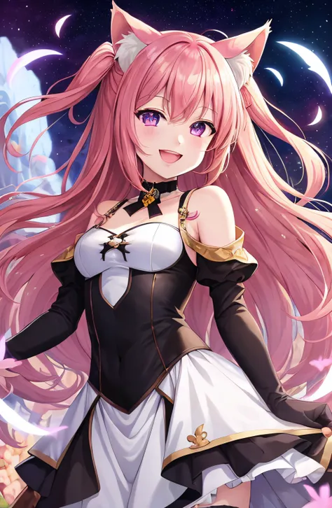 vector art with clean lines, well-put-together art, 1girl, :d, animal_ear_fluff, animal_ears, bangs, bare_shoulders, cat_ears, long_hair, looking_at_viewer, open_mouth, pink yellow hair, purple_eyes, smile, solo, no mistakes in the artwork, the artwork is a masterpiece with no flaws, is the best and highest quality art in the anime style, the most beautiful anime style art ever seen, award winning anime that is visually stunning, the art has the best transition between two shapes of colors, depth, art that was drawn by a pro artist
