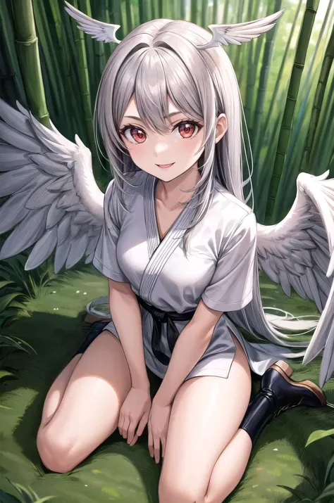 (masterpiece, best quality, detailed), 1girl, solo, looking at viewer, fftultima, long hair, head wings, red eyes, wings,
<lora:Dougi2:1>, dougi, outdoors, bamboo forest, nature, wariza, hand between legs, from above, smile, closed mouth