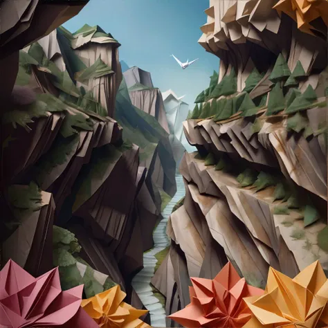 <lora:paperart-kejolong:0.8>, origami, canyon, steep cliffs, narrow gorge, awe-inspiring, || <lora:paperart-kejolong:0.2>, origami, masterpiece, 8k, high resolution, shallow depth of field, sharp focus