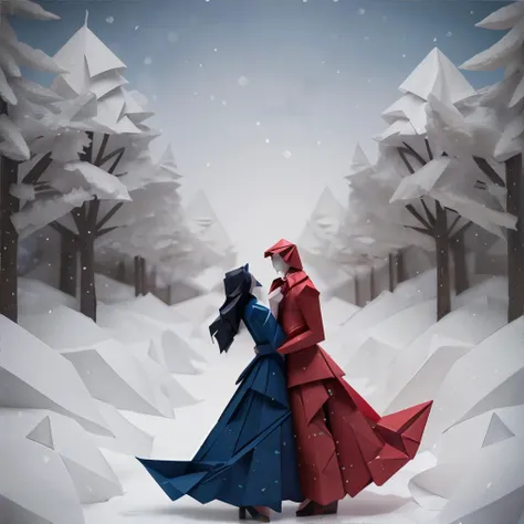 <lora:paperart-kejolong:0.8>, origami, a couple falling in love during a snowy winter || <lora:paperart-kejolong:0.2>, origami, masterpiece, 8k, high resolution, shallow depth of field, sharp focus