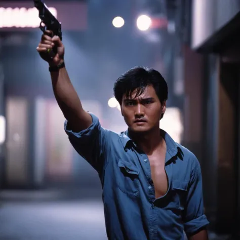 cinematic film still of  <lora:Hong Kong action cinema style:1>
 <lora:Kodak Motion Picture Film Style v4:0.3>
In the 1980's In Hong Kong China a man holding up a gun in his hand,solo,shirt,black hair,1boy,holding,weapon,male focus,holding weapon,gun,holding gun,handgun,realistic,Asian,cinematic,action-themed,violence,aim,aiming,pointing,Kodak,Film style,movie style,film grain,film contrast,action packed,serious,stunt,Hong Kong action cinema style,Asian,cinematic,action-themed,violence,aim,aiming,pointing,Kodak,Film style,movie style,film grain,film contrast,action packed,serious,stunt,Hong Kong action cinema style, shallow depth of field, vignette, highly detailed, high budget, bokeh, cinemascope, moody, epic, gorgeous, film grain, grainy