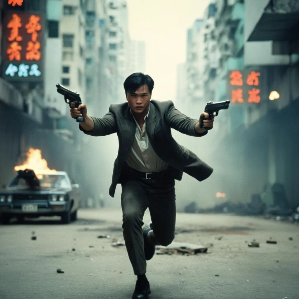 cinematic film still of <lora:Hong Kong action cinema style:1>
<lora:Kodak Motion Picture Film Style v4:0.3>
In the 1980's In Hong Kong China a man holding two guns with tow hands while falling down on ground in an action scen,solo,short hair,black hair,1boy,holding,weapon,male focus,holding weapon,blurry,gun,blurry background,holding gun,handgun,realistic,Asian,cinematic,action-themed,violence,aim,aiming,pointing,Kodak,Film style,movie style,film grain,film contrast,action packed,serious,stunt,Hong Kong action cinema style,Asian,cinematic,action-themed,violence,aim,aiming,pointing,Kodak,Film style,movie style,film grain,film contrast,action packed,serious,stunt,Hong Kong action cinema style, shallow depth of field, vignette, highly detailed, high budget, bokeh, cinemascope, moody, epic, gorgeous, film grain, grainy