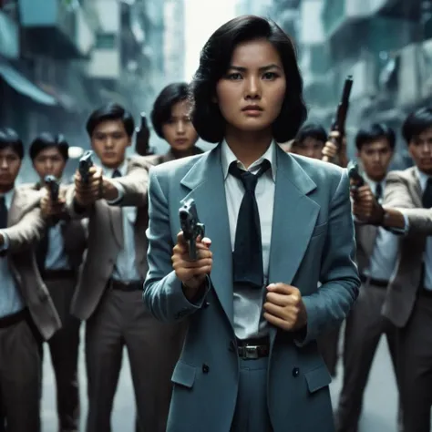 cinematic film still of  <lora:Hong Kong action cinema style:1>
 <lora:Kodak Motion Picture Film Style v4:0.3>
In the 1980's In Hong Kong China a woman surrounded by a bunch of guns in hands,1girl,looking at viewer,black hair,holding,weapon,multiple different boys,necktie,solo focus,holding weapon,gun,formal,suit,holding gun,handgun,dual wielding,6+boys,multiple hands,many hands,many weapons,realistic,trigger discipline,revolver,finger on trigger,m1911,gun to head,Asian,cinematic,action-themed,violence,aim,aiming,pointing,Kodak,Film style,movie style,film grain,film contrast,action packed,serious,stunt,Hong Kong action cinema style,Asian,cinematic,action-themed,violence,aim,aiming,pointing,Kodak,Film style,movie style,film grain,film contrast,action packed,serious,stunt,Hong Kong action cinema style,multiple boys, shallow depth of field, vignette, highly detailed, high budget, bokeh, cinemascope, moody, epic, gorgeous, film grain, grainy