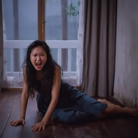 cinematic film still of <lora:Hong Kong action cinema style:1>
<lora:Kodak Motion Picture Film Style v4:0.3>
In the 1980's From above,In Hong Kong China a screaming woman sitting on the wooden floor with a rocking chair behind curtains window,1girl,solo,long hair,open mouth,black hair,dress,sitting,barefoot,hair over one eye,blood,cat,curtains,realistic,Asian,cinematic,action-themed,violence,aim,aiming,pointing,Kodak,Film style, style,film grain,film contrast,action packed,serious,stunt,Hong Kong action cinema style,Asian,cinematic,action-themed,violence,aim,aiming,pointing,Kodak,Film style,moviee,film grain,film contrast,action packed,serious,stunt,Hong Kong action cinema style, shallow depth of field, vignette, highly detailed, high budget, bokeh, cinemascope, moody, epic, gorgeous, film grain, grainy