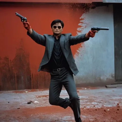 cinematic film still of <lora:Hong Kong action cinema style:1>
<lora:Kodak Motion Picture Film Style v4:0.4>
In the 1980's In Hong Kong China a man holding two guns in his hands while falling down on ground with red paint brush background,solo,gloves,1boy,holding,weapon,male focus,holding weapon,gun,formal,sunglasses,suit,handgun,red theme,Asian,cinematic,action-themed,violence,aim,aiming,pointing,Kodak,Film style, style,film grain,film contrast,action packed,serious,stunt,Hong Kong action cinema style,Asian,cinematic,action-themed,violence,aim,aiming,pointing,Kodak,Film style,moviee,film grain,film contrast,action packed,serious,stunt,Hong Kong action cinema style, shallow depth of field, vignette, highly detailed, high budget, bokeh, cinemascope, moody, epic, gorgeous, film grain, grainy