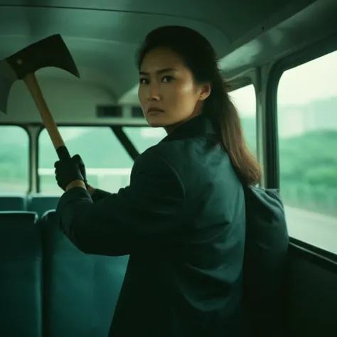 cinematic film still of <lora:Hong Kong action cinema style:1>
In the 1980's In Hong Kong China a woman holding a wooden axe in her hand nexto to a bus window,solo,brown hair,shirt,gloves,1boy,holding,jacket,upper body,male focus,necktie,black gloves,black jacket,realistic,Asian,cinematic,action-themed,violence,aim,aiming,pointing,Kodak,Film style,movie style,film grain,film contrast,action packed,serious,stunt,Hong Kong action cinema style,Asian,cinematic,action-themed,violence,aim,aiming,pointing,Kodak Portra ,Film style,movie style,film grain,film contrast,action packed,serious,stunt,Hong Kong action cinema style, shallow depth of field, vignette, highly detailed, high budget, bokeh, cinemascope, moody, epic, gorgeous, film grain, grainy