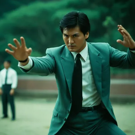 cinematic film still of  <lora:Hong Kong action cinema style:1>
In the 1980's In Hong Kong China a man in a suit and tie is doing a karate trick,solo,looking at viewer,black hair,long sleeves,1boy,upper body,male focus,parody,formal,suit,watch,wristwatch,Asian,cinematic,action-themed,violence,aim,aiming,pointing,Kodak,Film style,movie style,film grain,film contrast,action packed,serious,stunt,Hong Kong action cinema style,Asian,cinematic,action-themed,violence,aim,aiming,pointing,Kodak,Film style,movie style,film grain,film contrast,action packed,serious,stunt,Hong Kong action cinema style, shallow depth of field, vignette, highly detailed, high budget, bokeh, cinemascope, moody, epic, gorgeous, film grain, grainy