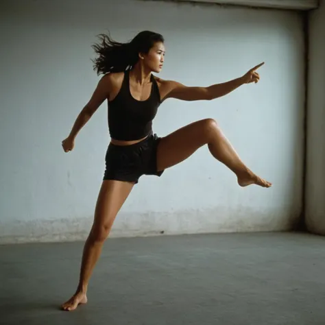 cinematic film still of  <lora:Hong Kong action cinema style:1>
 <lora:Kodak Motion Picture Film Style v4:0.3>
In the 1980's In Hong Kong China a woman in a black top and shorts doing a kick with perfect leg and hand,1girl,solo,long hair,brown hair,black hair,white background,standing,full body,shorts,barefoot,midriff,feet,black shorts,standing on one leg,sports bra,realistic,kicking,Asian,cinematic,action-themed,violence,aim,aiming,pointing,Kodak,Film style,movie style,film grain,film contrast,action packed,serious,stunt,Hong Kong action cinema style,Asian,cinematic,action-themed,violence,aim,aiming,pointing,Kodak,Film style,movie style,film grain,film contrast,action packed,serious,stunt,Hong Kong action cinema style, shallow depth of field, vignette, highly detailed, high budget, bokeh, cinemascope, moody, epic, gorgeous, film grain, grainy