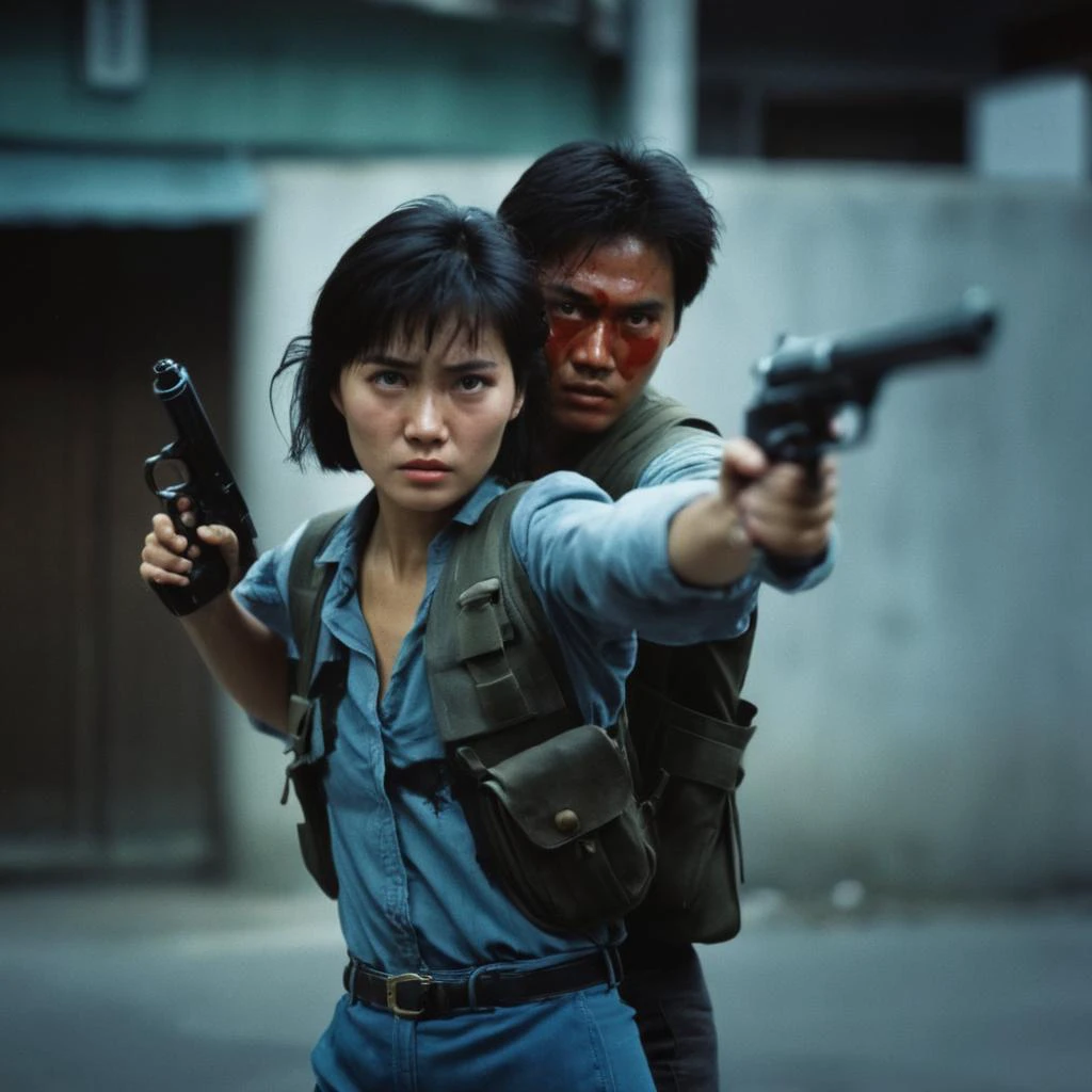 cinematic film still of <lora:Hong Kong action cinema style:1>
<lora:Kodak Motion Picture Film Style v4:0.3>
In the 1980's In Hong Kong China a woman with two guns in two hands and a bloody face,solo,black hair,1boy,holding,weapon,male focus,holding weapon,blurry,vest,gun,blood,depth of field,heterochromia,backpack,holding gun,handgun,dual wielding,blood on face,aiming at viewer,shoulder holster,Asian,cinematic,action-themed,violence,aim,aiming,pointing,Kodak,Film style,movie style,film grain,film contrast,action packed,serious,stunt,Hong Kong action cinema style,Asian,cinematic,action-themed,violence,aim,aiming,pointing,Kodak,Film style,movie style,film grain,film contrast,action packed,serious,stunt,Hong Kong action cinema style, shallow depth of field, vignette, highly detailed, high budget, bokeh, cinemascope, moody, epic, gorgeous, film grain, grainy