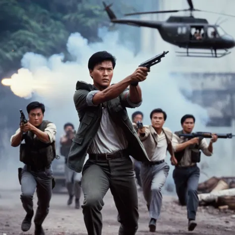 cinematic film still of  <lora:Hong Kong action cinema style:1>
 <lora:Kodak Motion Picture Film Style v4:0.3>
In the 1980's In Hong Kong China a film poster of a man holding a gun and a bunch of people,weapon,multiple different boys,uniform,gun,military,parody,ground vehicle,motor vehicle,rifle,handgun,6+boys,running,realistic,aircraft,car,assault rifle,battle,manly,explosion,firing,shotgun,helicopter,ak-47,Asian,cinematic,action-themed,violence,aim,aiming,pointing,Kodak,Film style,movie style,film grain,film contrast,action packed,serious,stunt,Hong Kong action cinema style,Asian,cinematic,action-themed,violence,aim,aiming,pointing,Kodak,Film style,movie style,film grain,film contrast,action packed,serious,stunt,Hong Kong action cinema style,multiple boys, shallow depth of field, vignette, highly detailed, high budget, bokeh, cinemascope, moody, epic, gorgeous, film grain, grainy