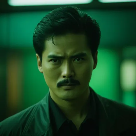 cinematic film still of  <lora:Hong Kong action cinema style:1>
In the 1980's In Hong Kong China a man with a mustache and a black shirt,solo,short hair,shirt,black hair,1boy,closed mouth,jacket,male focus,collared shirt,blurry,black eyes,black jacket,black shirt,blurry background,facial hair,thick eyebrows,portrait,realistic,mustache,Asian,cinematic,action-themed,violence,aim,aiming,pointing,Kodak,Film style,movie style,film grain,film contrast,action packed,serious,stunt,Hong Kong action cinema style,Asian,cinematic,action-themed,violence,aim,aiming,pointing,Kodak,Film style,movie style,film grain,film contrast,action packed,serious,stunt,Hong Kong action cinema style, shallow depth of field, vignette, highly detailed, high budget, bokeh, cinemascope, moody, epic, gorgeous, film grain, grainy