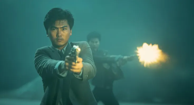 cinematic film still of  <lora:Hong Kong action cinema style:1>
 <lora:Kodak Motion Picture Film Style v4:0.3>
In the 1980's In Hong Kong China a person holding a revolver with both hands and a fire in the background and muzzle flash fire and a bullet flying out of gun,1boy,holding,weapon,gun,night,star (sky),holding gun,handgun,space,firing,Asian,cinematic,action-themed,violence,aim,aiming,pointing,Kodak,Film style,movie style,film grain,film contrast,action packed,serious,stunt,Hong Kong action cinema style,Asian,cinematic,action-themed,violence,aim,aiming,pointing,Kodak,Film style,movie style,film grain,film contrast,action packed,serious,stunt,Hong Kong action cinema style, shallow depth of field, vignette, highly detailed, high budget, bokeh, cinemascope, moody, epic, gorgeous, film grain, grainy