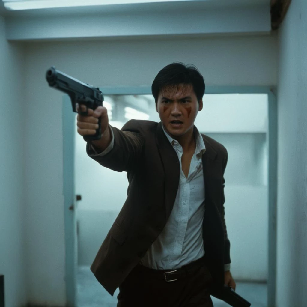 cinematic film still of <lora:Hong Kong action cinema style:1>
<lora:Kodak Motion Picture Film Style v4:0.3>
In the 1980's In Hong Kong China a man with a bloody face standing in a room aiming a black hand gun at camera while screaming in anger,solo,looking at viewer,brown hair,1boy,holding,weapon,male focus,holding weapon,gun,handgun,science fiction,realistic,aiming at viewer,cyberpunk,Asian,cinematic,action-themed,violence,aim,aiming,pointing,Kodak,Film style,movie style,film grain,film contrast,action packed,serious,stunt,Hong Kong action cinema style,Asian,cinematic,action-themed,violence,aim,aiming,pointing,Kodak,Film style,movie style,film grain,film contrast,action packed,serious,stunt,Hong Kong action cinema style, shallow depth of field, vignette, highly detailed, high budget, bokeh, cinemascope, moody, epic, gorgeous, film grain, grainy