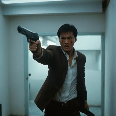 cinematic film still of  <lora:Hong Kong action cinema style:1>
 <lora:Kodak Motion Picture Film Style v4:0.3>
In the 1980's In Hong Kong China a man with a bloody face standing in a room aiming a black hand gun at camera while screaming in anger,solo,looking at viewer,brown hair,1boy,holding,weapon,male focus,holding weapon,gun,handgun,science fiction,realistic,aiming at viewer,cyberpunk,Asian,cinematic,action-themed,violence,aim,aiming,pointing,Kodak,Film style,movie style,film grain,film contrast,action packed,serious,stunt,Hong Kong action cinema style,Asian,cinematic,action-themed,violence,aim,aiming,pointing,Kodak,Film style,movie style,film grain,film contrast,action packed,serious,stunt,Hong Kong action cinema style, shallow depth of field, vignette, highly detailed, high budget, bokeh, cinemascope, moody, epic, gorgeous, film grain, grainy