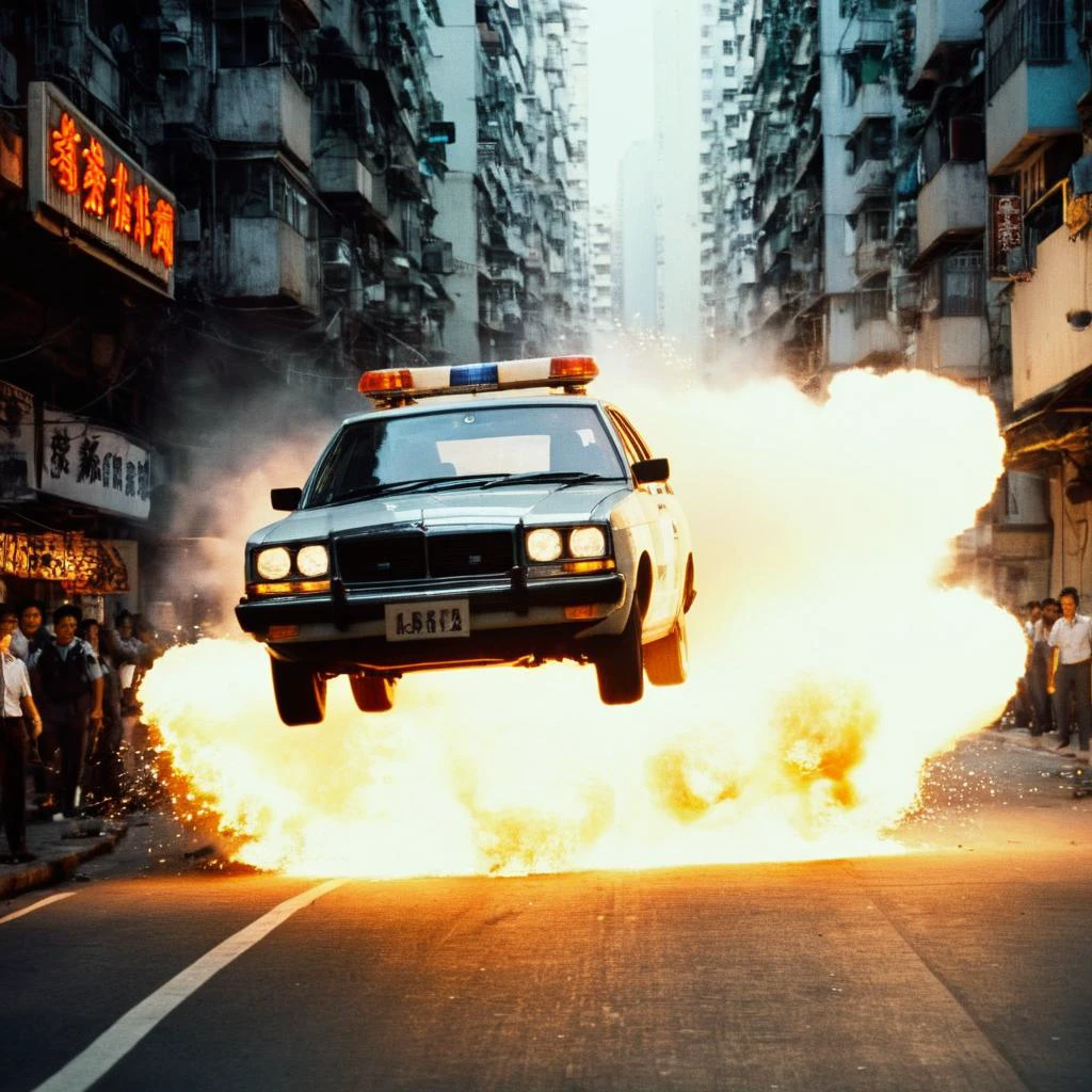 cinematic film still of <lora:Hong Kong action cinema style:1>
<lora:Kodak Motion Picture Film Style v4:0.3>
In the 1980's In Hong Kong China a police car is exploding in the air on a city street,no humans,fire,ground vehicle,motor vehicle,science fiction,realistic,car,explosion,vehicle focus,firing,Asian,cinematic,action-themed,violence,aim,aiming,pointing,Kodak,Film style,movie style,film grain,film contrast,action packed,serious,stunt,Hong Kong action cinema style,Asian,cinematic,action-themed,violence,aim,aiming,pointing,Kodak,Film style,movie style,film grain,film contrast,action packed,serious,stunt,Hong Kong action cinema style, shallow depth of field, vignette, highly detailed, high budget, bokeh, cinemascope, moody, epic, gorgeous, film grain, grainy