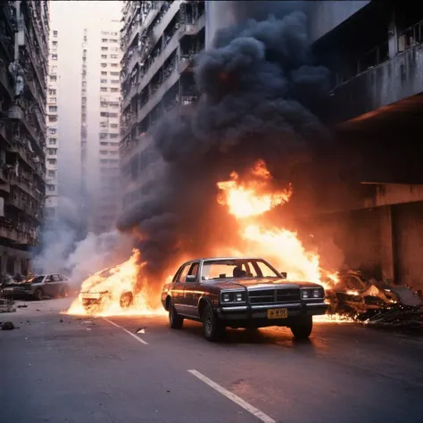 cinematic film still of <lora:Hong Kong action cinema style:1>
<lora:Kodak Motion Picture Film Style v4:0.3>
In the 1980's In Hong Kong China am epic car explosion scene is on fire in a parking garage,no humans,fire,ground vehicle,flying cars,motor vehicle,car,battle,explosion,vehicle focus,firing,Asian,cinematic,action-themed,violence,aim,aiming,pointing,Kodak,Film style,movie style,film grain,film contrast,action packed,serious,stunt,Hong Kong action cinema style, shallow depth of field, vignette, highly detailed, high budget, bokeh, cinemascope, moody, epic, gorgeous, film grain, grainy