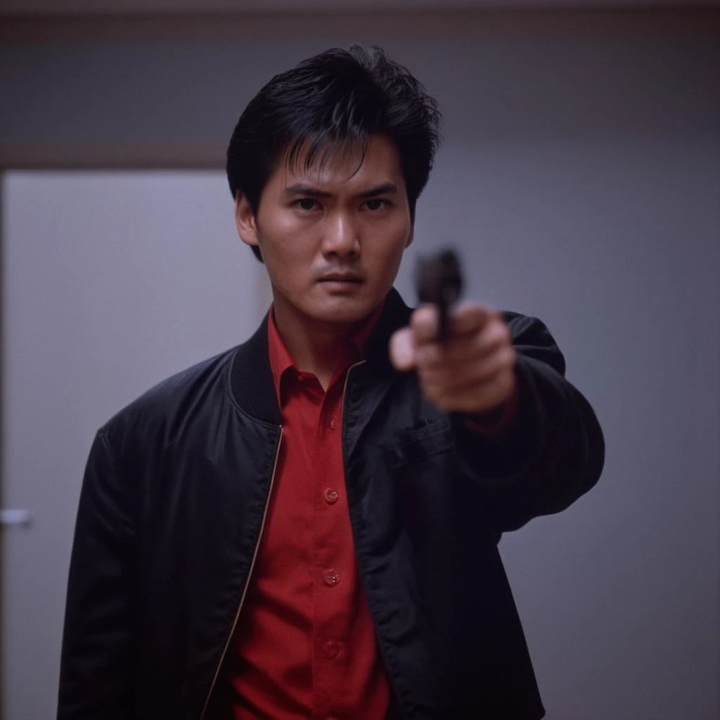 cinematic film still of  <lora:Hong Kong action cinema style:1>
 <lora:Kodak Motion Picture Film Style v4:0.3>
In the 1980's In Hong Kong China a creepy villain man in a red shirt and black jacket,solo,black hair,1boy,jacket,upper body,male focus,indoors,blurry,old,Asian,cinematic,action-themed,violence,aim,aiming,pointing,Kodak,Film style,movie style,film grain,film contrast,action packed,serious,stunt,Hong Kong action cinema style,Asian,cinematic,action-themed,violence,aim,aiming,pointing,Kodak,Film style,movie style,film grain,film contrast,action packed,serious,stunt,Hong Kong action cinema style, shallow depth of field, vignette, highly detailed, high budget, bokeh, cinemascope, moody, epic, gorgeous, film grain, grainy