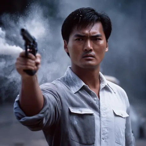 cinematic film still of <lora:Hong Kong action cinema style:1>
<lora:Kodak Motion Picture Film Style v4:0.3>
In the 1980's In Hong Kong China a man covered in white powder with a hand gun pistol in his hand,solo,short hair,shirt,1boy,holding,closed eyes,white shirt,weapon,grey hair,male focus,collared shirt,holding weapon,blurry,gun,depth of field,blurry background,mouth hold,holding gun,handgun,cigarette,realistic,revolver,Asian,cinematic,action-themed,violence,aim,aiming,pointing,Kodak,Film style,movie style,film grain,film contrast,action packed,serious,stunt,Hong Kong action cinema style,Asian,cinematic,action-themed,violence,aim,aiming,pointing,Kodak,Film style,movie style,film grain,film contrast,action packed,serious,stunt,Hong Kong action cinema style, shallow depth of field, vignette, highly detailed, high budget, bokeh, cinemascope, moody, epic, gorgeous, film grain, grainy