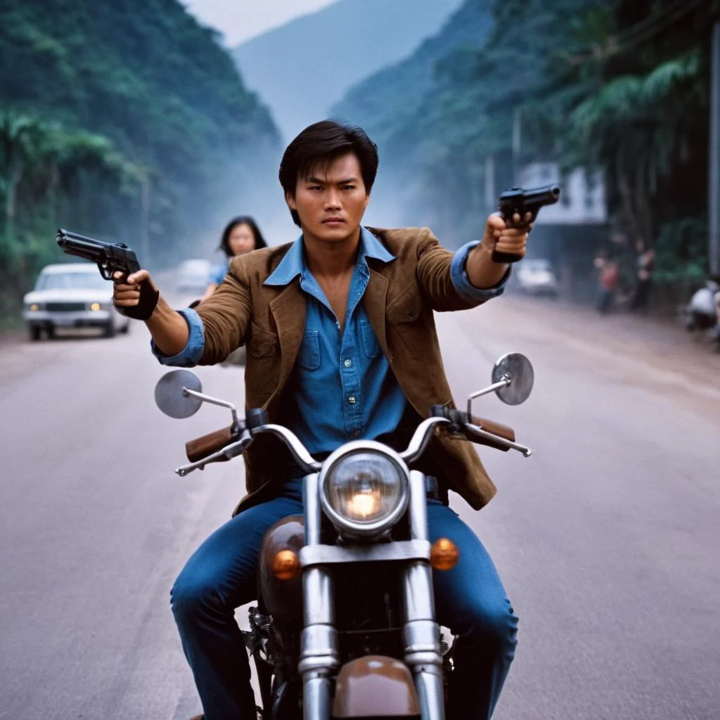 cinematic film still of <lora:Hong Kong action cinema style:1>
<lora:Kodak Motion Picture Film Style v4:0.3>
In the 1980's In Hong Kong China a man riding a motorcycle down a road while standing with a gun pointed at camera,1girl,solo,brown hair,shirt,1boy,jewelry,outdoors,collared shirt,pants,bracelet,gun,blue shirt,denim,letterboxed,ground vehicle,watch,jeans,wristwatch,Asian,cinematic,action-themed,violence,aim,aiming,pointing,Kodak,Film style,movie style,film grain,film contrast,action packed,serious,stunt,Hong Kong action cinema style,Asian,cinematic,action-themed,violence,aim,aiming,pointing,Kodak,Film style,movie style,film grain,film contrast,action packed,serious,stunt,Hong Kong action cinema style, shallow depth of field, vignette, highly detailed, high budget, bokeh, cinemascope, moody, epic, gorgeous, film grain, grainy