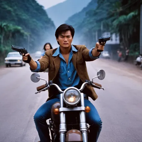 cinematic film still of  <lora:Hong Kong action cinema style:1>
 <lora:Kodak Motion Picture Film Style v4:0.3>
In the 1980's In Hong Kong China a man riding a motorcycle down a road while standing with a gun pointed at camera,1girl,solo,brown hair,shirt,1boy,jewelry,outdoors,collared shirt,pants,bracelet,gun,blue shirt,denim,letterboxed,ground vehicle,watch,jeans,wristwatch,Asian,cinematic,action-themed,violence,aim,aiming,pointing,Kodak,Film style,movie style,film grain,film contrast,action packed,serious,stunt,Hong Kong action cinema style,Asian,cinematic,action-themed,violence,aim,aiming,pointing,Kodak,Film style,movie style,film grain,film contrast,action packed,serious,stunt,Hong Kong action cinema style, shallow depth of field, vignette, highly detailed, high budget, bokeh, cinemascope, moody, epic, gorgeous, film grain, grainy