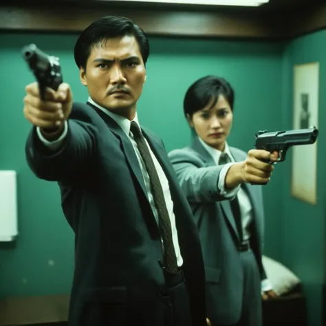 cinematic film still of  <lora:Hong Kong action cinema style:1>
 <lora:Kodak Motion Picture Film Style v4:0.3>
In the 1980's In Hong Kong China a man and woman holding guns in a room opposite to each othe,weapon,male focus,multiple boys,necktie,2boys,gun,facial hair,formal,suit,plant,letterboxed,handgun,Asian,cinematic,action-themed,violence,aim,aiming,pointing,Kodak,Film style,movie style,film grain,film contrast,action packed,serious,stunt,Hong Kong action cinema style,Asian,cinematic,action-themed,violence,aim,aiming,pointing,Kodak,Film style,movie style,film grain,film contrast,action packed,serious,stunt,Hong Kong action cinema style, shallow depth of field, vignette, highly detailed, high budget, bokeh, cinemascope, moody, epic, gorgeous, film grain, grainy