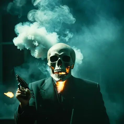 cinematic film still of <lora:Hong Kong action cinema style:1>
In the 1980's In Hong Kong China a skull with a bunch of smoke and a bullet coming out of it with fire and explosion,open mouth,simple background,red eyes,teeth,bullet penetrating skull,open mouth,screaming skull,no humans,glowing,black background,skull,monster,skeleton,Asian,cinematic,action-themed,violence,aim,aiming,pointing,Kodak,Film style, style,film grain,film contrast,action packed,serious,stunt,Hong Kong action cinema style,Asian,cinematic,action-themed,violence,aim,aiming,pointing,Kodak,Film style,moviee,film grain,film contrast,action packed,serious,stunt,Hong Kong action cinema style, shallow depth of field, vignette, highly detailed, high budget, bokeh, cinemascope, moody, epic, gorgeous, film grain, grainy