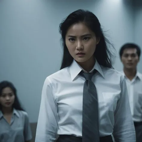 cinematic film still of  <lora:Hong Kong action cinema style:1>
 <lora:Kodak Motion Picture Film Style v4:0.3>
In the 1980's In Hong Kong China a horror scene of a woman in a white shirt and tie standing next to a man in a white shirt,1girl,long hair,looking at viewer,shirt,black hair,long sleeves,1boy,monochrome,white shirt,upper body,necktie,solo focus,collared shirt,blurry,dress shirt,dark,Asian,cinematic,action-themed,violence,aim,aiming,pointing,Kodak,Film style, style,film grain,film contrast,action packed,serious,stunt,Hong Kong action cinema style,Asian,cinematic,action-themed,violence,aim,aiming,pointing,Kodak,Film style,moviee,film grain,perfect hand,film contrast,action packed,serious,stunt,Hong Kong action cinema style, shallow depth of field, vignette, highly detailed, high budget, bokeh, cinemascope, moody, epic, gorgeous, film grain, grainy