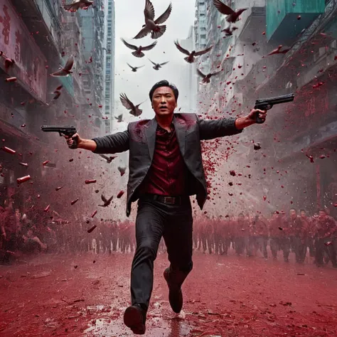 UHD, 4k, ultra detailed, cinematic, a photograph of  <lora:Hong Kong action cinema style:1>
 <lora:Kodak Motion Picture Film Style v4:0.5>
a movie poster of many dove birds flying above Asian man covered in blood looking at camera with exploding gun Hong Kong action cinema style, epic, beautiful lighting, inpsiring