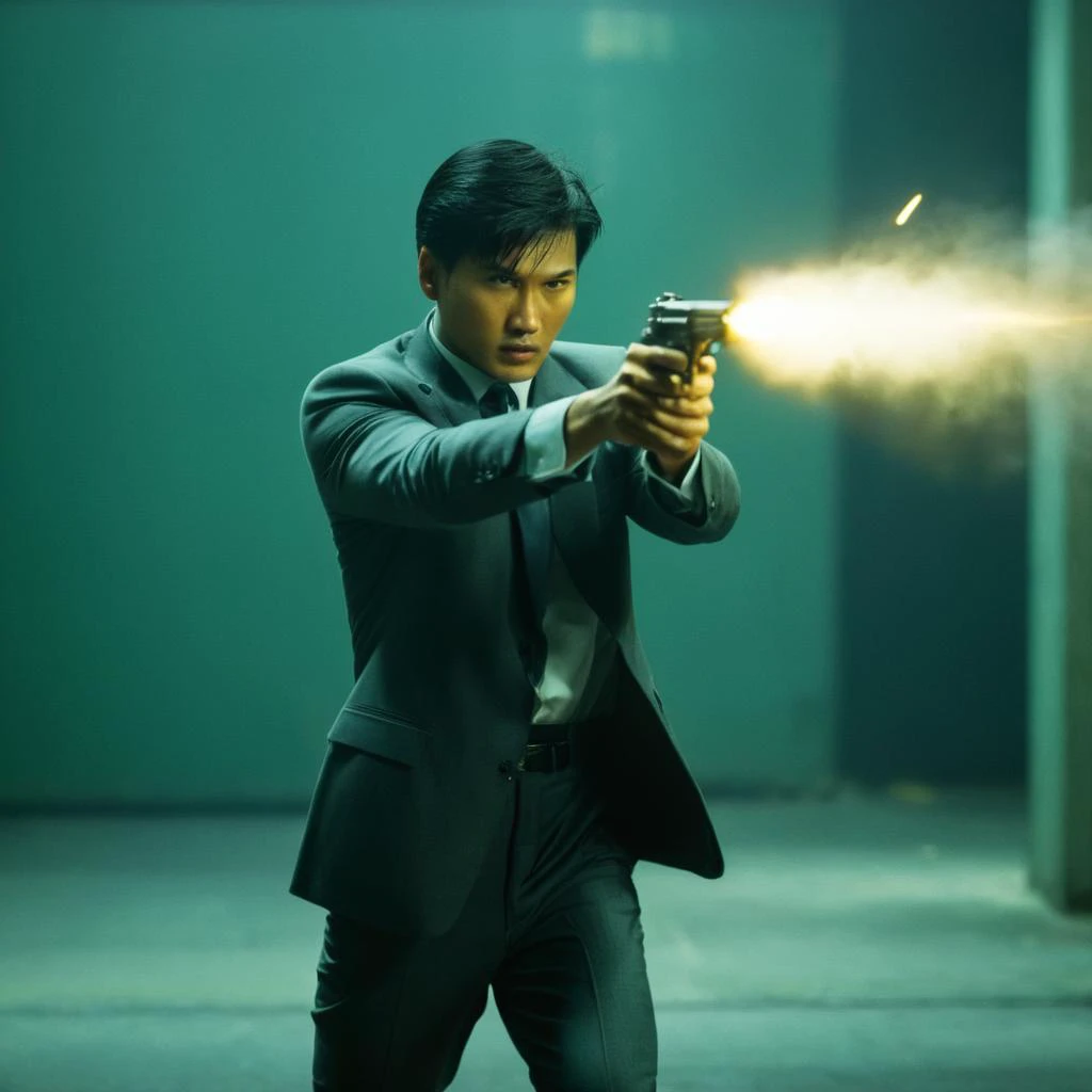 cinematic film still of <lora:Hong Kong action cinema style:1>
<lora:Kodak Motion Picture Film Style v4:0.3>
In the 1980's In Hong Kong China a man in a suit shooting a gun with big muzzle flash coming from gun barrel,solo,black hair,1boy,holding,weapon,male focus,necktie,holding weapon,gun,formal,suit,holding gun,handgun,firing,revolver,Asian,cinematic,action-themed,violence,aim,aiming,pointing,Kodak,Film style,movie style,film grain,film contrast,action packed,serious,stunt,Hong Kong action cinema style,Asian,cinematic,action-themed,violence,aim,aiming,pointing,Kodak,Film style,movie style,film grain,film contrast,action packed,serious,stunt,Hong Kong action cinema style, shallow depth of field, vignette, highly detailed, high budget, bokeh, cinemascope, moody, epic, gorgeous, film grain, grainy