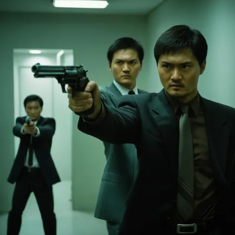 cinematic film still of <lora:Hong Kong action cinema style:1>
<lora:Kodak Motion Picture Film Style v4:0.3>
In the 1980's In Hong Kong China a man holding a gun in a hallway in front of another man,two different men holding guns in front of each others,short hair,brown hair,black hair,holding,jacket,weapon,male focus,multiple boys,necktie,indoors,2boys,face off,holding weapon,black jacket,gun,facial hair,black pants,formal,suit,holding gun,handgun,very short hair,manly,revolver,aiming,Asian,cinematic,action-themed,violence,aim,aiming,pointing,Kodak,Film style, style,film grain,film contrast,action packed,serious,stunt,Hong Kong action cinema style,Asian,cinematic,action-themed,violence,aim,aiming,pointing,Kodak,Film style,moviee,film grain,film contrast,action packed,serious,stunt,Hong Kong action cinema style, shallow depth of field, vignette, highly detailed, high budget, bokeh, cinemascope, moody, epic, gorgeous, film grain, grainy