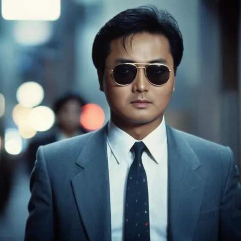 cinematic film still of  <lora:Hong Kong action cinema style:1>
 <lora:Kodak Motion Picture Film Style v4:0.5>
In the 1980's In Hong Kong China young john woo a man wearing glasses and a suit with writing on it,solo,looking at viewer,shirt,black hair,1boy,male focus,necktie,glasses,blurry,black eyes,lips,blurry background,portrait,black-framed eyewear,realistic,nose,Asian,cinematic,action-themed,violence,aim,aiming,pointing,Kodak,Film style,movie style,film grain,film contrast,action packed,serious,stunt,Hong Kong action cinema style,Asian,cinematic,action-themed,violence,aim,aiming,pointing,Kodak,Film style,movie style,film grain,film contrast,action packed,serious,stunt,Hong Kong action cinema style, shallow depth of field, vignette, highly detailed, high budget, bokeh, cinemascope, moody, epic, gorgeous, film grain, grainy