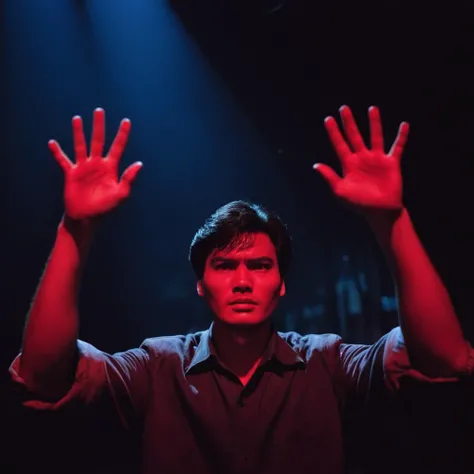 cinematic film still of <lora:Hong Kong action cinema style:1>
In the 1980's In Hong Kong China a man with red lights on his hands holding his hands up in the dark with dramatic Rembrandt light on his face,solo,looking at viewer,simple background,black hair,1boy,upper body,male focus,black eyes,black background,realistic,Asian,cinematic,action-themed,violence,aim,aiming,pointing,Kodak,Film style,movie style,film grain,film contrast,action packed,serious,stunt,Hong Kong action cinema style,Asian,cinematic,action-themed,violence,aim,aiming,pointing,Kodak,Film style,movie style,film grain,film contrast,action packed,serious,stunt,Hong Kong action cinema style, shallow depth of field, vignette, highly detailed, high budget, bokeh, cinemascope, moody, epic, gorgeous, film grain, grainy