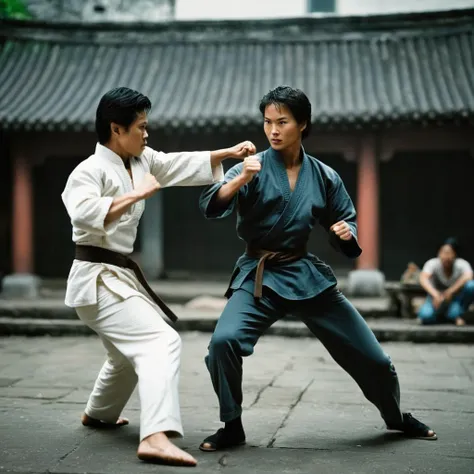 cinematic film still of <lora:Hong Kong action cinema style:1>
<lora:Kodak Motion Picture Film Style v4:0.3>
In the 1980's In Hong Kong China a man and woman doing martial art fight action moves in a courtyard,shirt,black hair,sitting,jacket,white shirt,male focus,food,multiple boys,pants,indoors,dark skin,2boys,realistic,afro,Asian,cinematic,action-themed,violence,aim,aiming,pointing,Kodak,Film style, style,film grain,film contrast,action packed,serious,stunt,Hong Kong action cinema style,Asian,cinematic,action-themed,violence,aim,aiming,pointing,Kodak,Film style,moviee,film grain,film contrast,action packed,serious,stunt,Hong Kong action cinema style, shallow depth of field, vignette, highly detailed, high budget, bokeh, cinemascope, moody, epic, gorgeous, film grain, grainy