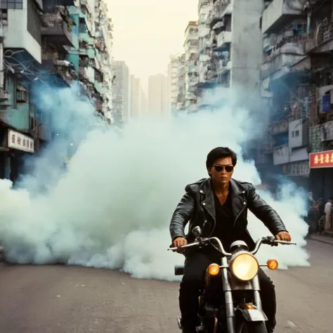 cinematic film still of  <lora:Hong Kong action cinema style:1>
 <lora:Kodak Motion Picture Film Style v4:0.3>
In the 1980's In Hong Kong China an action hero man riding a motorcycle on a street with a lot of smoke and explosion in background,solo,black hair,1boy,jacket,male focus,blurry,black jacket,sunglasses,ground vehicle,motor vehicle,smoke,leather,motorcycle,leather jacket,Asian,cinematic,action-themed,violence,aim,aiming,pointing,Kodak,Film style,movie style,film grain,film contrast,action packed,serious,stunt,Hong Kong action cinema style,Asian,cinematic,action-themed,violence,aim,aiming,pointing,Kodak,Film style,movie style,film grain,film contrast,action packed,serious,stunt,Hong Kong action cinema style, shallow depth of field, vignette, highly detailed, high budget, bokeh, cinemascope, moody, epic, gorgeous, film grain, grainy