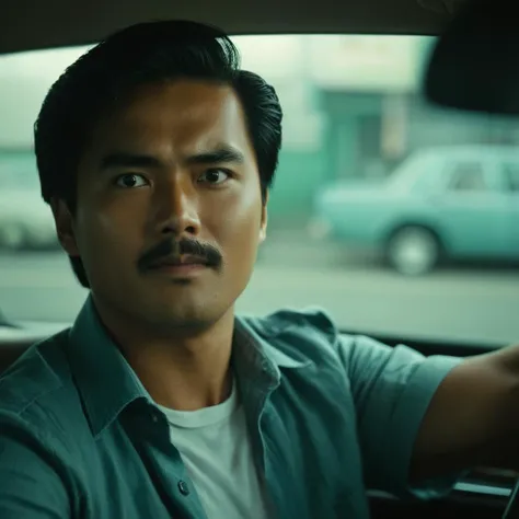 cinematic film still of <lora:Hong Kong action cinema style:1>
<lora:Kodak Motion Picture Film Style v4:0.3>
In the 1980's In Hong Kong China a man in a car looking at the camera with a serious surprise look on fac,solo,looking at viewer,smile,shirt,black hair,1boy,male focus,parted lips,collared shirt,blurry,black eyes,blurry background,facial hair,portrait,beard,realistic,mustache,Asian,cinematic,action-themed,violence,aim,aiming,pointing,Kodak,Film style,movie style,film grain,film contrast,action packed,serious,stunt,Hong Kong action cinema style,Asian,cinematic,action-themed,violence,aim,aiming,pointing,Kodak,Film style,movie style,film grain,film contrast,action packed,serious,stunt,Hong Kong action cinema style, shallow depth of field, vignette, highly detailed, high budget, bokeh, cinemascope, moody, epic, gorgeous, film grain, grainy