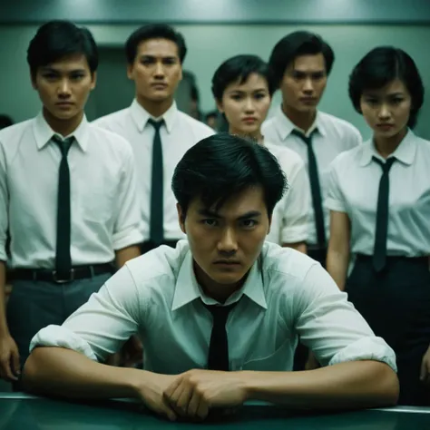 cinematic film still of  <lora:Hong Kong action cinema style:1>
In the 1980's In Hong Kong China a group of different people standing around a table,1girl,short hair,shirt,black hair,1boy,white shirt,multiple boys,necktie,collared shirt,indoors,blurry,blurry background,chair,sleeves rolled up,watch,realistic,head out of frame,wristwatch,Asian,cinematic,action-themed,violence,aim,aiming,pointing,Kodak,Film style,movie style,film grain,film contrast,action packed,serious,stunt,Hong Kong action cinema style,Asian,cinematic,action-themed,violence,aim,aiming,pointing,Kodak,Film style,movie style,film grain,film contrast,action packed,serious,stunt,Hong Kong action cinema style, shallow depth of field, vignette, highly detailed, high budget, bokeh, cinemascope, moody, epic, gorgeous, film grain, grainy