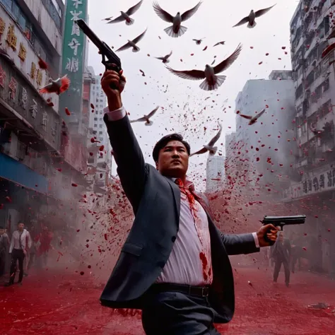 UHD, 4k, ultra detailed, cinematic, a photograph of  <lora:Hong Kong action cinema style:1>
 <lora:Kodak Motion Picture Film Style v4:0.5>
a movie poster of many dove birds flying above asian man covered in blood looking at camera with exploding gun Hong Kong action cinema style, epic, beautiful lighting, inpsiring