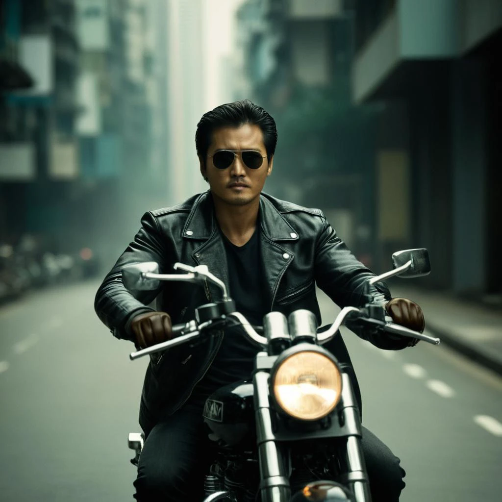 cinematic film still of <lora:Hong Kong action cinema style:1>
<lora:Kodak Motion Picture Film Style v4:0.3>
In the 1980's In Hong Kong China a man in sunglasses riding a motorcycle down a road while shooting with a gun from behin,solo,brown hair,gloves,1boy,jacket,male focus,outdoors,blurry,black jacket,black shirt,blurry background,facial hair,sunglasses,ground vehicle,motor vehicle,realistic,stubble,leather,motorcycle,leather jacket,aviator sunglasses,Asian,cinematic,action-themed,violence,aim,aiming,pointing,Kodak,Film style,movie style,film grain,film contrast,action packed,serious,stunt,Hong Kong action cinema style,Asian,cinematic,action-themed,violence,aim,aiming,pointing,Kodak,Film style,movie style,film grain,film contrast,action packed,serious,stunt,Hong Kong action cinema style, shallow depth of field, vignette, highly detailed, high budget, bokeh, cinemascope, moody, epic, gorgeous, film grain, grainy